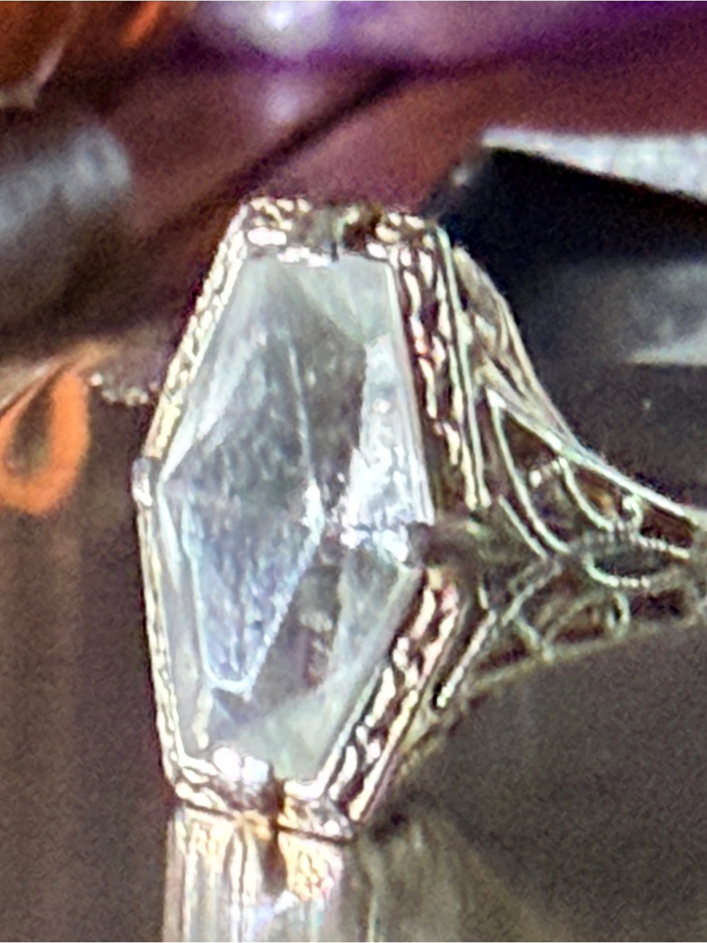 Vintage Aquamarine Hexagon Filigree Ring 14k white gold